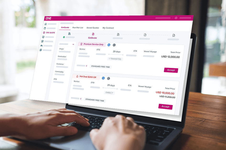 User accessing the ONE QUOTE dashboard on a laptop to view real-time freight quotes and container booking options