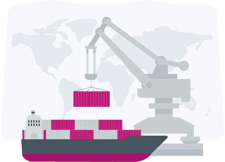 A crane and a container vessel indicating port schedule search.