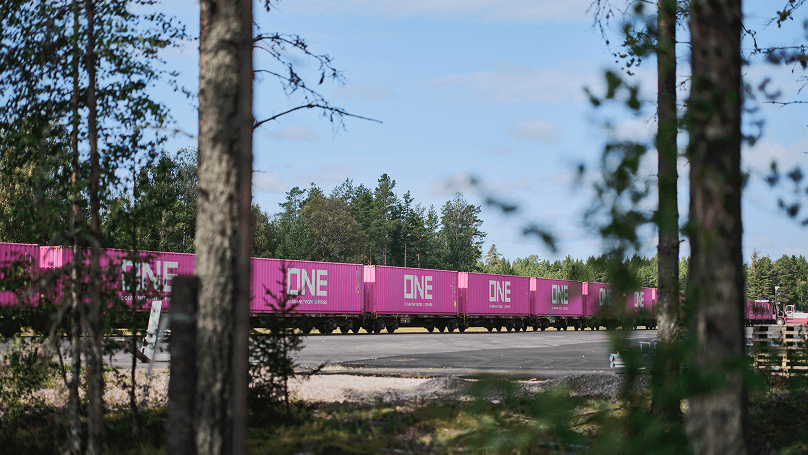 ONE shipping containers on a rail cargo train using alternative fuels for sustainable inland logistics